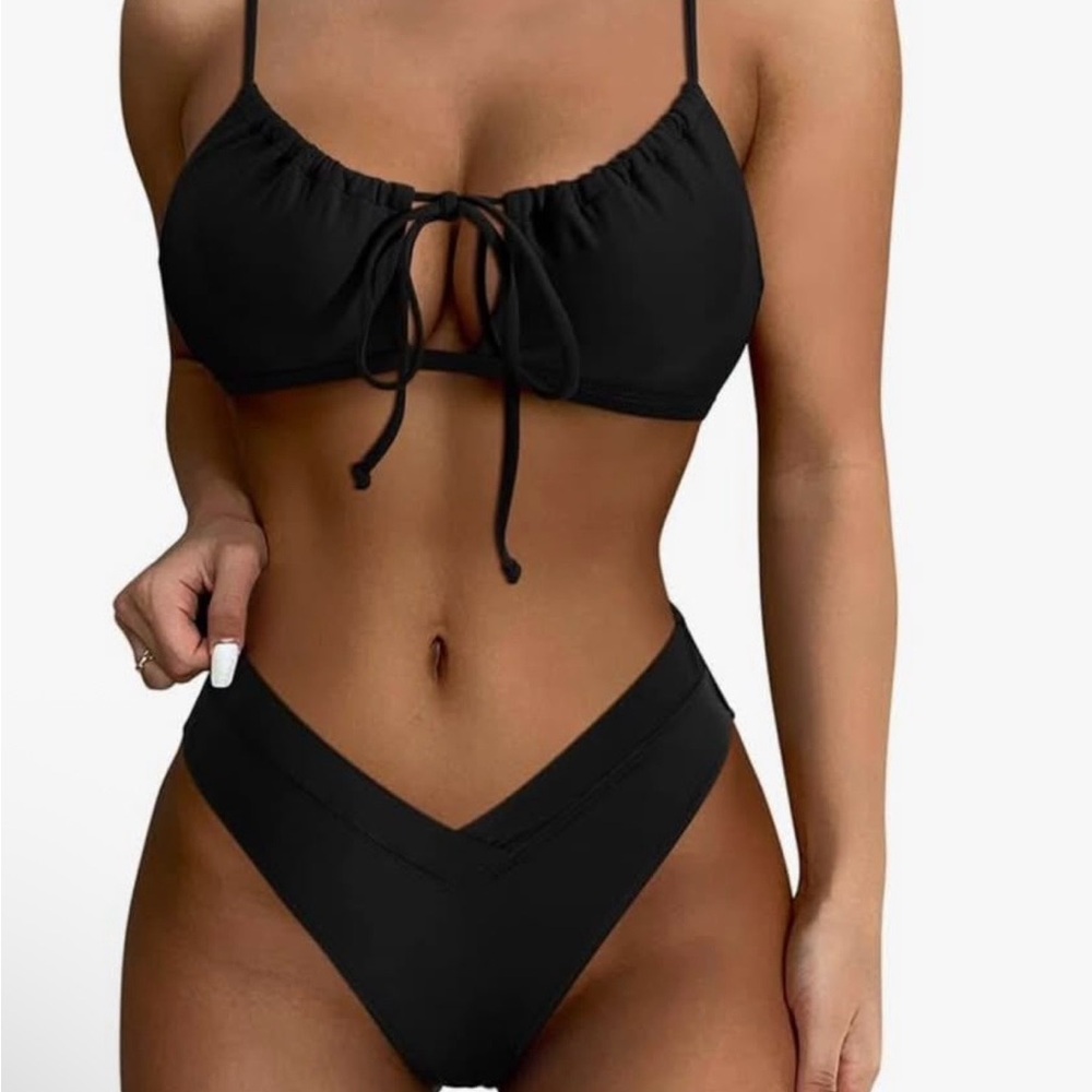 Black V-Waist Tie-Front Bikini Set - Women Swim
